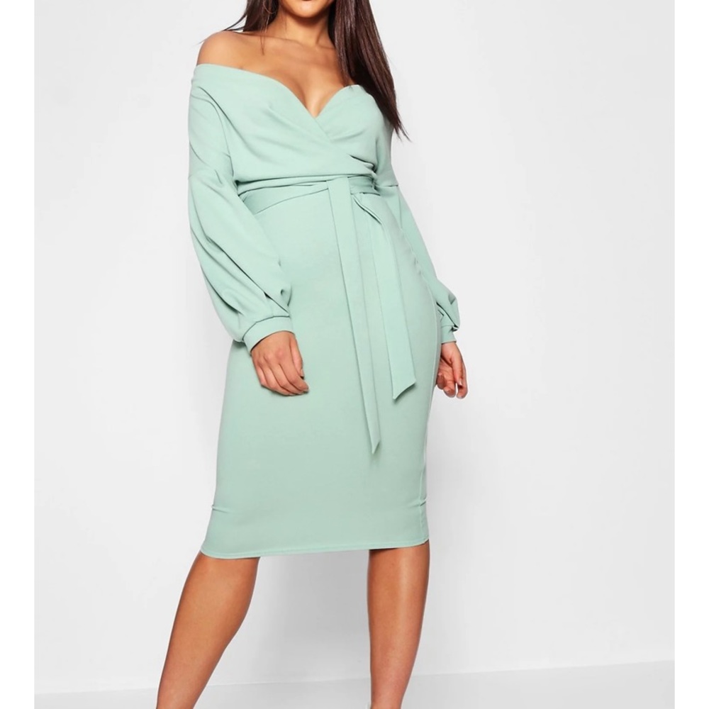 BRAND NEW OFF THE SHOULDER WRAP MIDI BODYCON DRESS